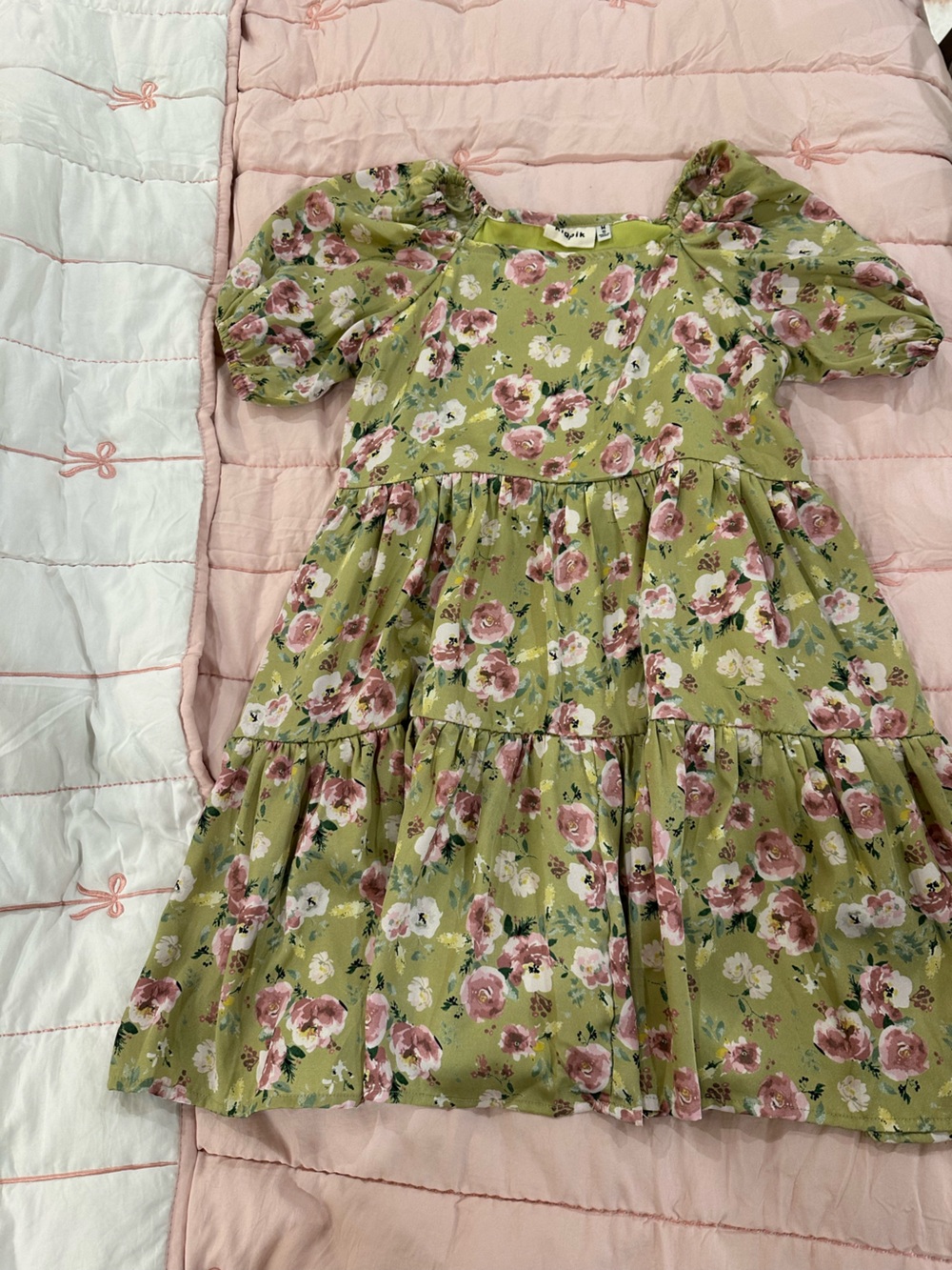 kidpik Olive Green Tiered Skirt with Pink Rose Print